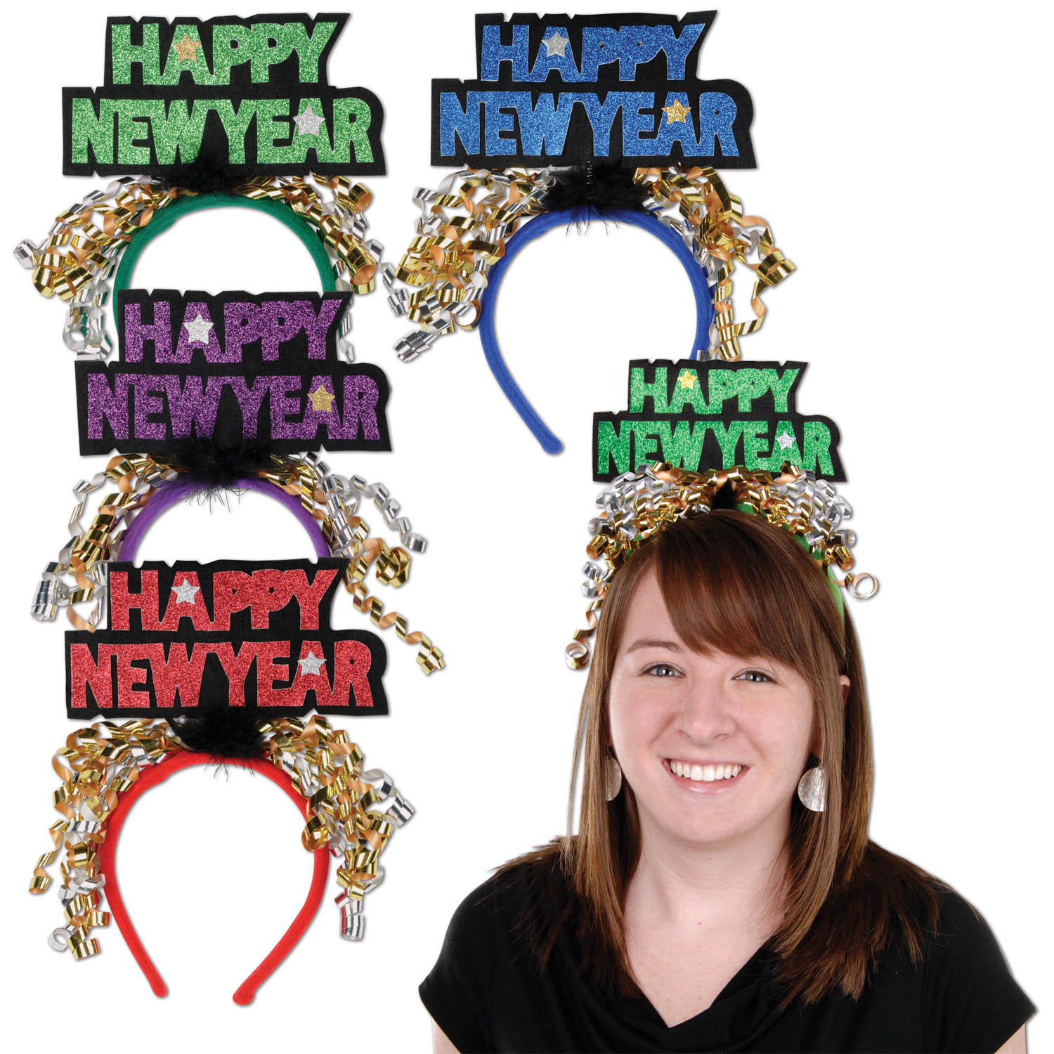 Glittered Happy New Year Headbands (assorted colors w/snapon headband